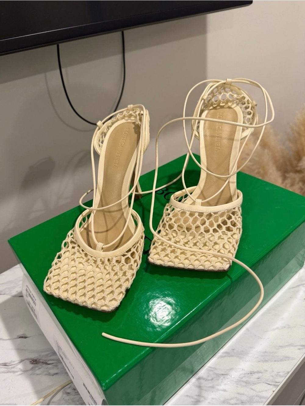 Bottega Veneta Cream Woven Lace-Up Heeled Sandals